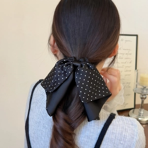 Elegant black polka dot bow scrunchie for women, silk texture ponytail hair tie