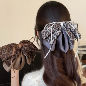 Vintage Leopard Print Bow Hair Clip Elegant Satin Double Layer Ponytail Shark Clip Fashion Hair Accessory For Women Styling