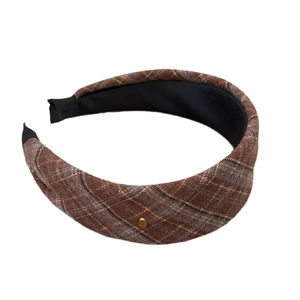 Brown plaid padded headband with vintage linen fabric and gold metal charm detail