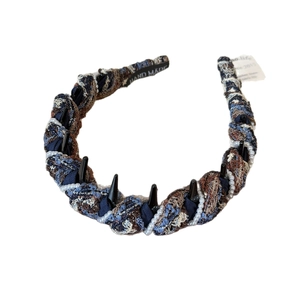 Ethnic knit headband in blue and brown with white pearls and anti-slip teeth comb