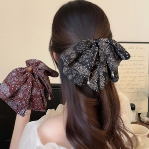 Vintage Paisley Print Large Bow Hair Clip For Women Bohemian Cloth Butterfly Knot Shark Clip Elegant Rhinestone Ponytail Clip