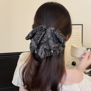Retro paisley bow hair claw clip with crystal pendants for elegant ponytail styling