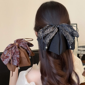 Vintage Large Bow Hair Clip Paisley Print Fabric Elegant Double Layer Bowknot Hairpin With Dangle Beads For Women Hair Accessory