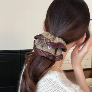 Brown and burgundy plaid knit oversized scrunchie for women's ponytail hair styling