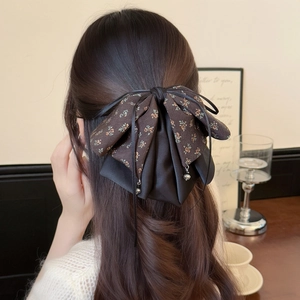 Retro Floral Bow Hair Claw Clip Satin Fabric Double Layer Bowknot With Ribbon Pendant Crystal Bead Hair Accessory For Women