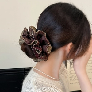 Brown and khaki plaid knit scrunchie for women hair bun styling accessory