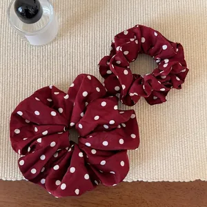 Polka dot hair scrunchies in burgundy red fabric, large and medium sized set