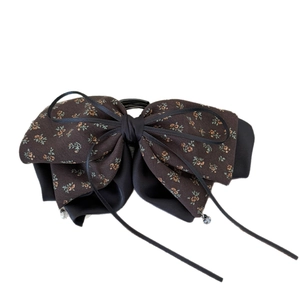 Vintage floral bow hair clip with dark brown chiffon and crystal pendant details