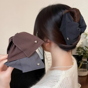 Elegante Pinza per Capelli a Fiocco in Tessuto a Righe Con Fibbia a Cuore in Metallo Argento per Donna Stile Coreano
