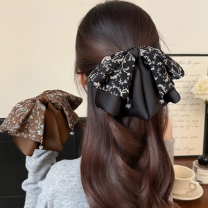 Barrette à Cheveux Élégante en Satin avec Nœud Papillon Imprimé Floral Grande Pince à Cheveux avec Pendentif en Perle Vintage
