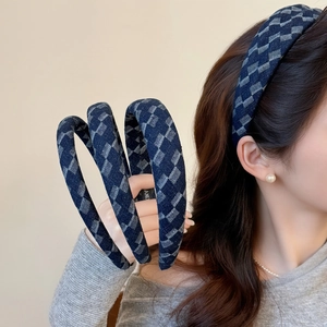 Retro Fashion Navy Blue Checkered Fabric Headband For Women High Top Wide Brim Geometric Pattern Handmade Hair Hoop Accessory