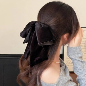 Elegant large black velvet double-layered bow hair clip for half-up hairstyles