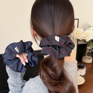 Vintage Denim Polka Dot Scrunchies Red Dot Fabric Hair Ties Pleated Handmade Elastic Hair Bands For Women Daily Hairstyles