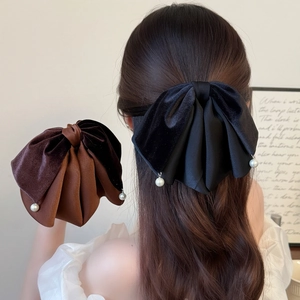 French Vintage Large Velvet Satin Bow Hair Clip With Artificial Pearl Pendant Elegant Ponytail Barrette Hair Accessory For Women