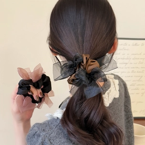 Korean Style Satin Mesh Bow Scrunchie Elegant Pleated Elastic Hair Tie Ponytail Holder For Women Daily Hair Accessories