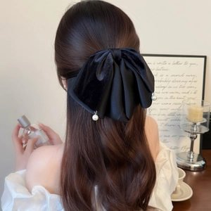 Elegant velvet and satin black bow hair claw clip with white pearl pendants for women