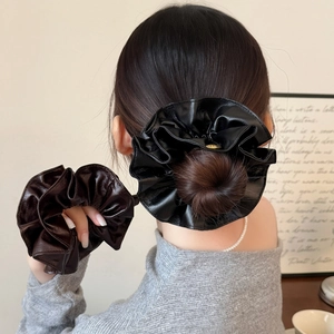 Artificial Leather Pleated Scrunchie For Women Double Layer Vintage Faux Leather Hair Tie Handmade High Elasticity Hair Ring