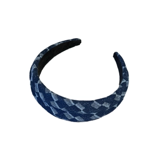 Navy blue denim headband with white checkerboard pattern and wide non-slip design
