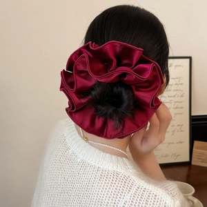 Burgundy velvet oversized layered scrunchie for elegant bun hairstyle decoration