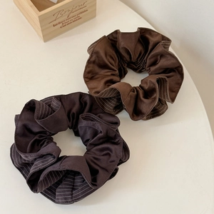 Retro striped scrunchie set for women featuring brown and dark grey satin fabric textures