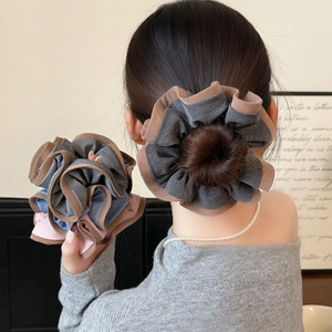 Chouchous en Tissu Plissé pour Femmes Bordure Contrastée Design Feuille de Lotus Élastique Cheveux Fait à la Main Accessoire Cheveux