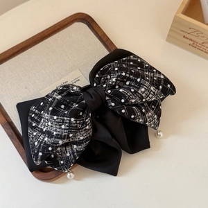 Elegant double-layered bow hair claw with black chiffon, polka dot tweed, and white pearls