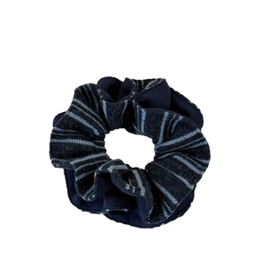 Chic dark blue striped knit scrunchie with patchwork texture for autumn winter hairstyles