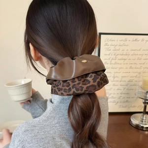 Brown leather and leopard print patchwork oversized scrunchie with gold metal charm