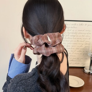 Brown plaid scrunchie with vintage British style for elegant ponytail styling