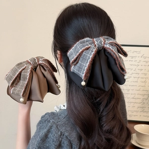 Elegant Korean Plaid Bow Hair Clip With Artificial Pearl Pendant Double Layer Satin Fabric Ponytail Clip For Women Daily Accessories