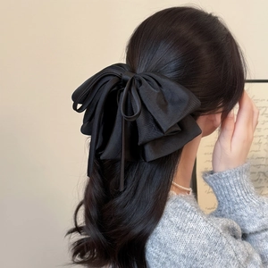French style oversized black satin layered bow hair claw clip for elegant women