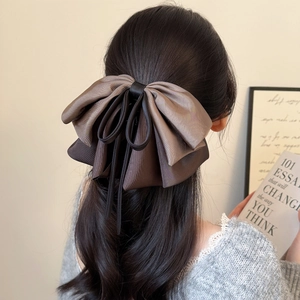 Elegance satin bow hair clip in coffee tones shown on a model from a back side view