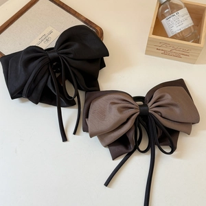 Elegant French satin bow hair claw clips with long ribbons in black and brown colors