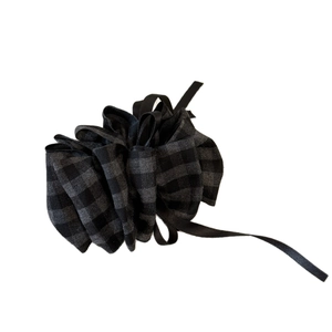 Vintage black and grey plaid fabric hair claw clip with elegant ribbon bow for women