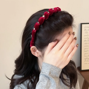 Elegant red velvet padded headband with sparkling rhinestones and twisted vintage design