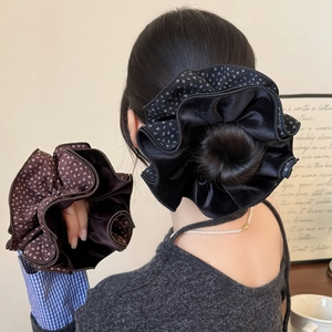 French Retro Large Velvet Scrunchie Polka Dot Floral Oversized Pleated Hair Tie Elastic Hair Band For Women Hair Accessories