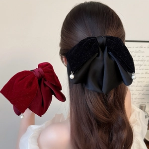 Large Velvet Bow Hair Clip With Faux Artificial Pearl Pendant Elegant Satin Patchwork French Vintage Ponytail Clip For Women Girls