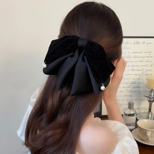 Elegant large black velvet and satin double-layered bow hair clip with pearl charms