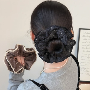 Vintage Knitted Polka Dot Scrunchie Ruffled Lace Edge Large Hair Tie Sweet Korean Style Yarn Hair Rope For Women