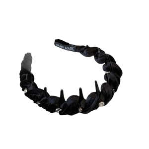 Elegant black velvet twisted headband with sparkling rhinestones and dark gothic studs