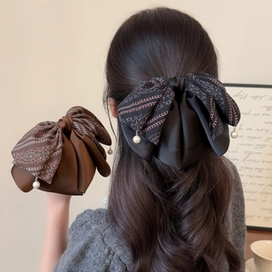 Vintage Paisley Floral Bowknot Hair Claw Clip For Women Elegant Large Fabric Butterfly Shark Clip With Faux Artificial Pearl Pendant