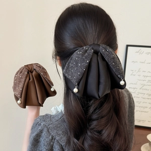 Grande Pince à Cheveux Nœud Double Couche Élégante Tweed à Pois Satin Splicing Épingle à Cheveux Avec Pendentif Künstliche Perle d'imitation Femme Accessoire