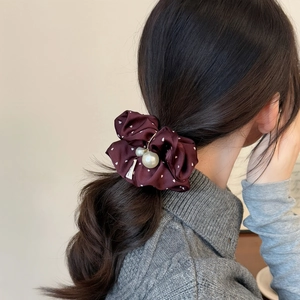 Retro burgundy red polka dot hair scrunchie with elegant pearls for ponytails