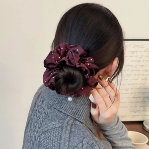 Vintage burgundy polka dot oversized scrunchie with pearls for a stylish ponytail