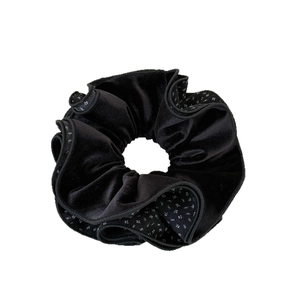 Elegant black velvet layered scrunchie with white floral print and pleated ruffles