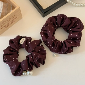 Vintage burgundy polka dot scrunchies with pearls for elegant women hairstyles
