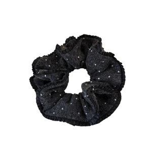 Polka dot knitted scrunchie in dark gray with ruffled lace edges for stylish hair styling