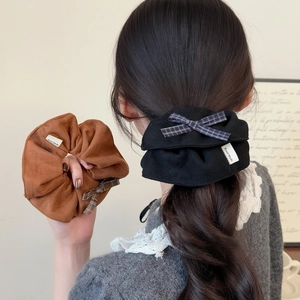 Chouchous Élégants à Nœud Plaid Avec Étiquette Fait Main Style Coréen Élastiques en Tissu Automne Hiver Femme Filles