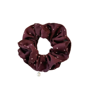 Vintage burgundy scrunchie with white hearts, smooth satin fabric and pearl detail