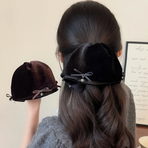 Handmade Velvet Bowknot Hair Clip For Women Elegant Pleated Ribbon Ponytail Clip With Rhinestone Pendant Hair Accessory